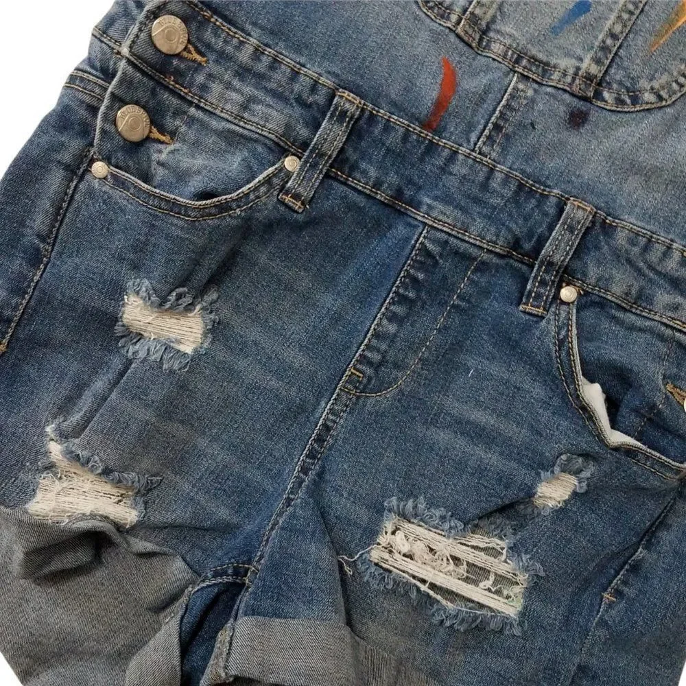 Distressed Denim Bib Overalls Paint Splatter Blue Spice Shortalls Juniors Size 5 - Picture 4 of 7